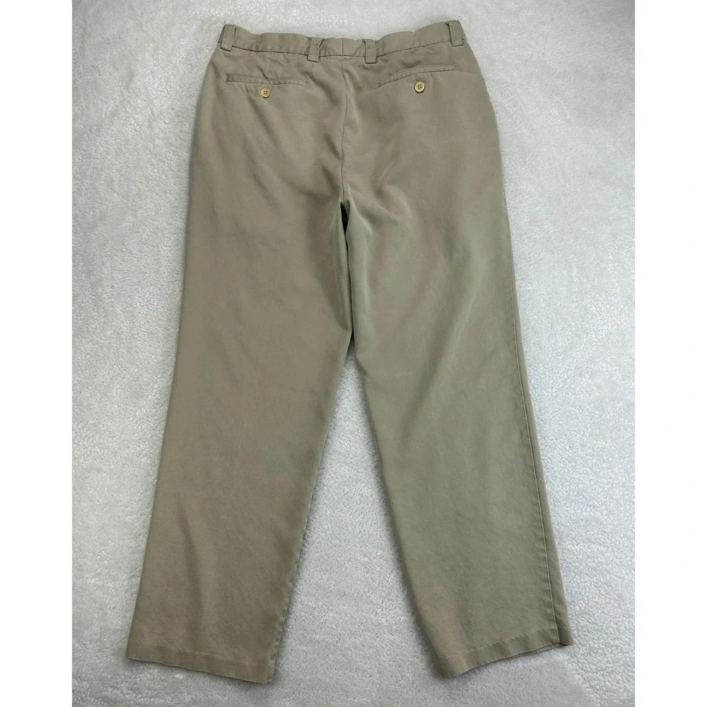 Tommy Bahama Silk Pleated Chino Pants Mens 34x32 Beige Relaxed Fit Mid Rise